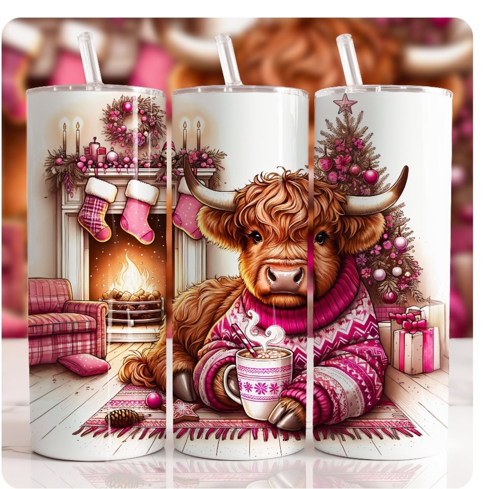 Pink Christmas  Highland Cow 20oz Skinny Tumbler